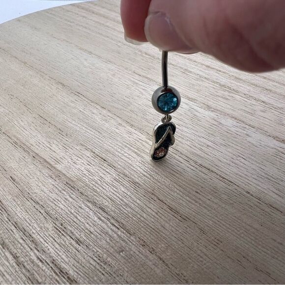 🍭4/$20 Blue glitter sandal flip flop flower jewel silver belly button ring - Picture 4 of 5